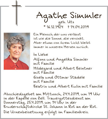 Anzeige von Agathe Simmler von Schwäbische Zeitung