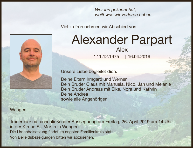  Traueranzeige für Alexander Parpart vom 24.04.2019 aus Schwäbische Zeitung