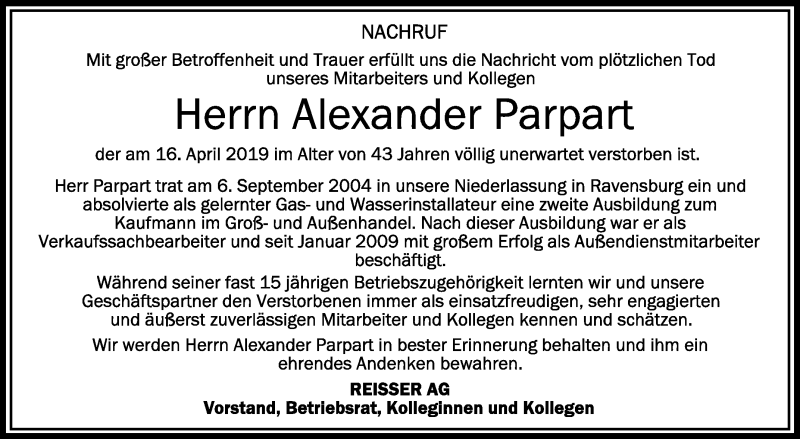  Traueranzeige für Alexander Parpart vom 25.04.2019 aus Schwäbische Zeitung