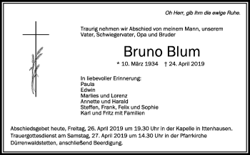 Anzeige von Bruno Blum von Schwäbische Zeitung