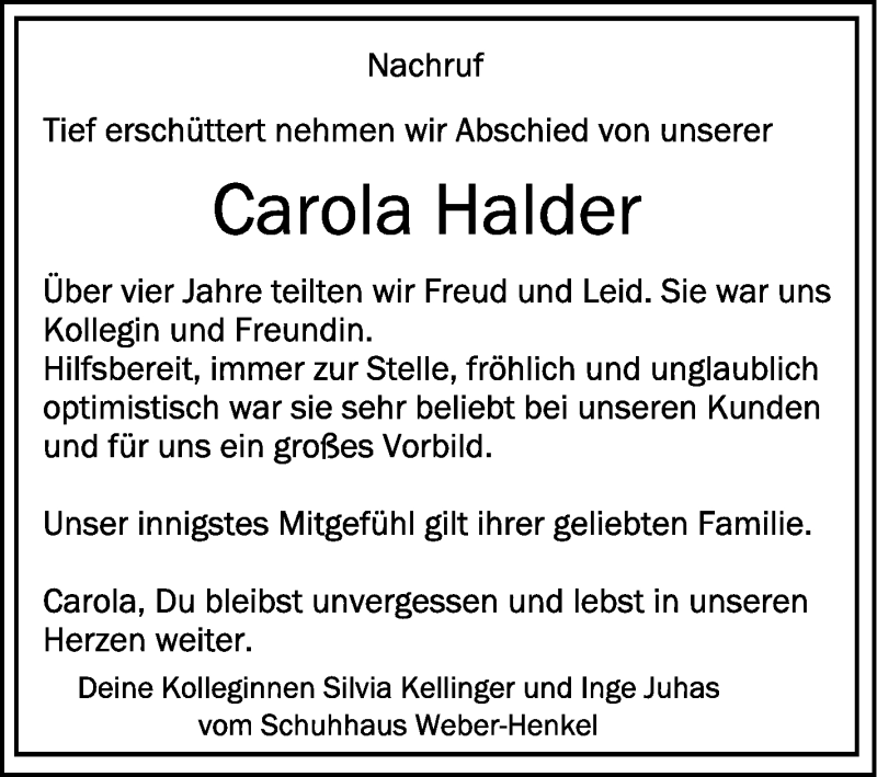  Traueranzeige für Carola Halder vom 24.04.2019 aus Schwäbische Zeitung