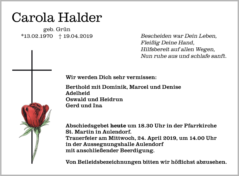  Traueranzeige für Carola Halder vom 23.04.2019 aus Schwäbische Zeitung