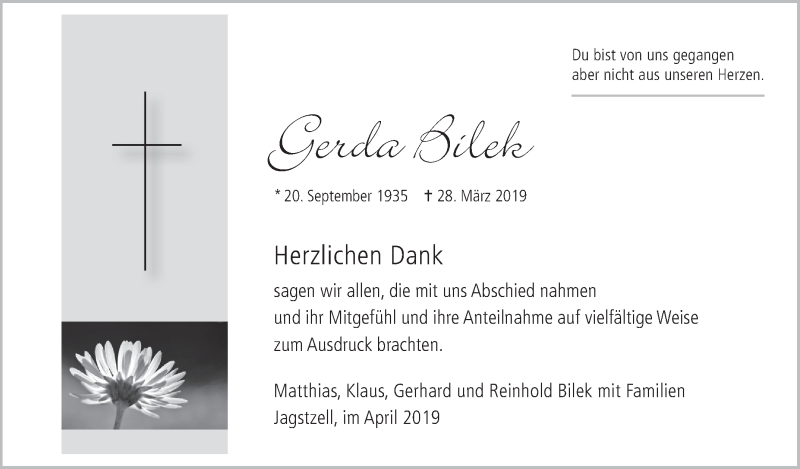  Traueranzeige für Gerda Bilek vom 17.04.2019 aus Schwäbische Zeitung