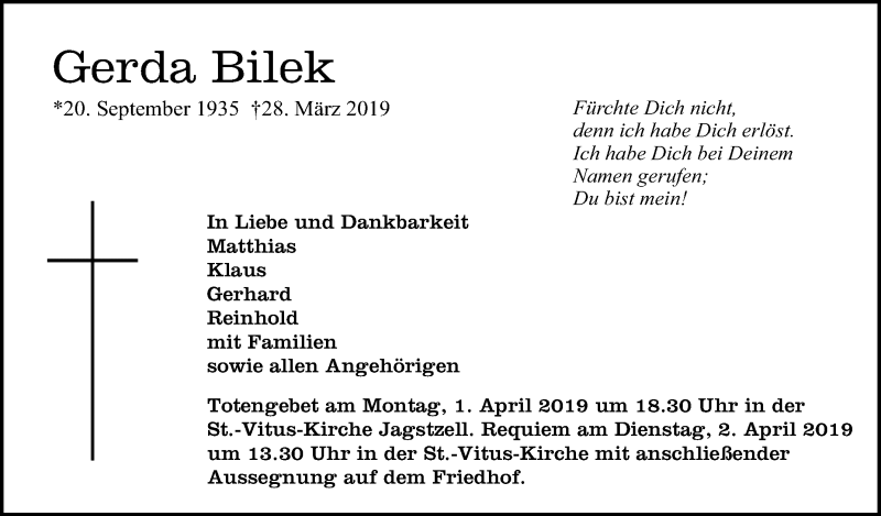  Traueranzeige für Gerda Bilek vom 01.04.2019 aus Schwäbische Zeitung