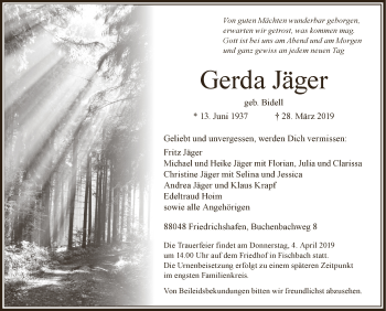 Anzeige von Gerda Jäger von Schwäbische Zeitung