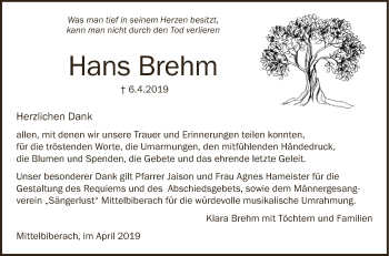 Anzeige von Hans Brehm von Schwäbische Zeitung