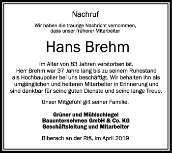 Anzeige von Hans Brehm von Schwäbische Zeitung