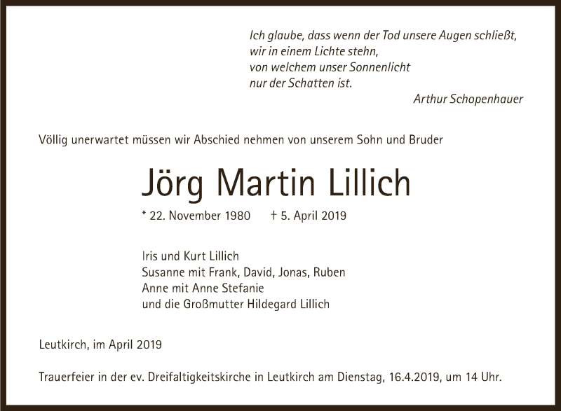  Traueranzeige für Jörg Martin Lillich vom 15.04.2019 aus Schwäbische Zeitung