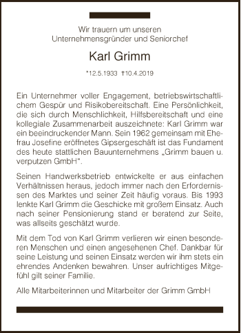 Anzeige von Karl Grimm von Schwäbische Zeitung
