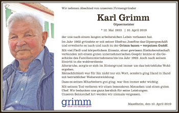 Anzeige von Karl Grimm von Schwäbische Zeitung