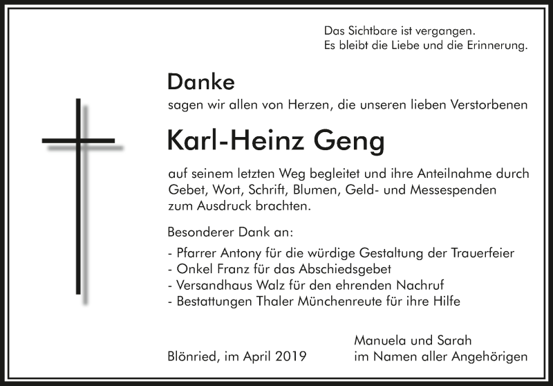  Traueranzeige für Karl-Heinz Geng vom 30.04.2019 aus Schwäbische Zeitung