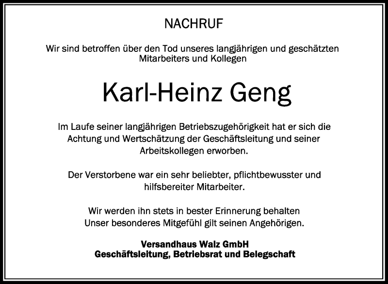  Traueranzeige für Karl-Heinz Geng vom 15.04.2019 aus Schwäbische Zeitung