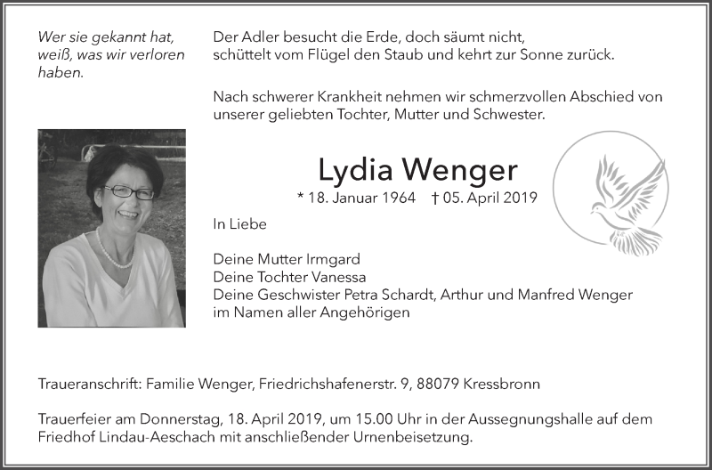  Traueranzeige für Lydia Wenger vom 16.04.2019 aus Schwäbische Zeitung
