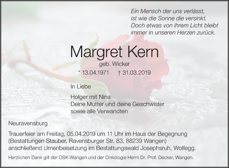  Traueranzeige für Margret Kern vom 03.04.2019 aus Schwäbische Zeitung