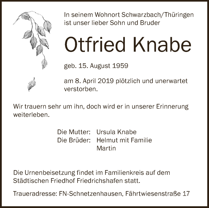 Traueranzeige für Otfried Knabe vom 30.04.2019 aus Schwäbische Zeitung