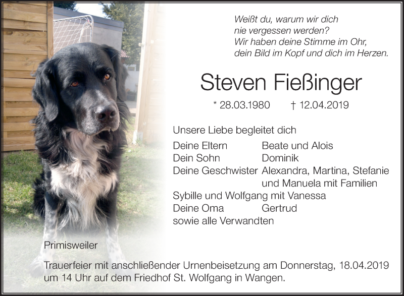  Traueranzeige für Steven Fießinger vom 16.04.2019 aus Schwäbische Zeitung