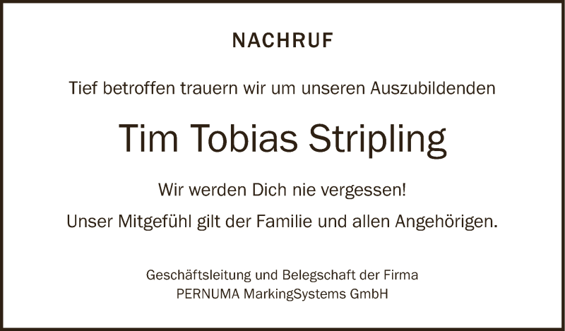  Traueranzeige für Tim Tobias Stripling vom 05.04.2019 aus Schwäbische Zeitung