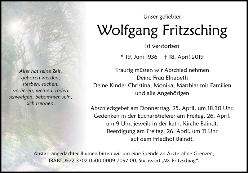  Traueranzeige für Wolfgang Fritzsching vom 23.04.2019 aus Schwäbische Zeitung