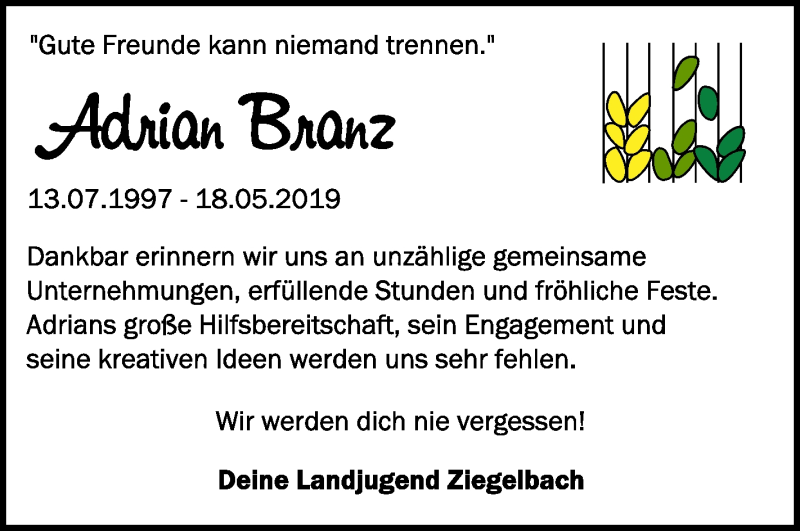  Traueranzeige für Adrian Branz vom 25.05.2019 aus Schwäbische Zeitung