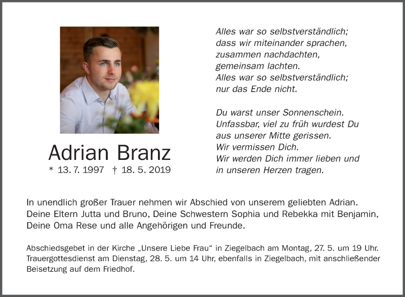  Traueranzeige für Adrian Branz vom 23.05.2019 aus Schwäbische Zeitung