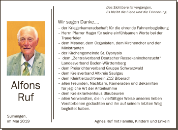 Anzeige von Alfons Ruf von Schwäbische Zeitung