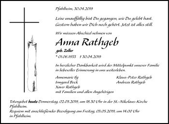 Anzeige von Anna Rathgeb von Schwäbische Zeitung