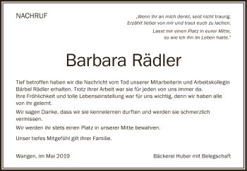 Anzeige von Barbara Rädler von Schwäbische Zeitung