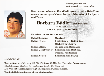 Anzeige von Barbara Rädler von Schwäbische Zeitung