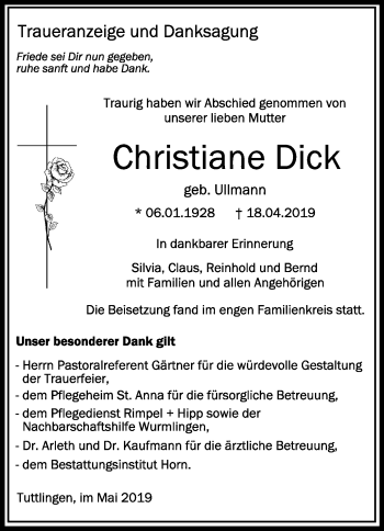 Anzeige von Christiane Dick von Schwäbische Zeitung