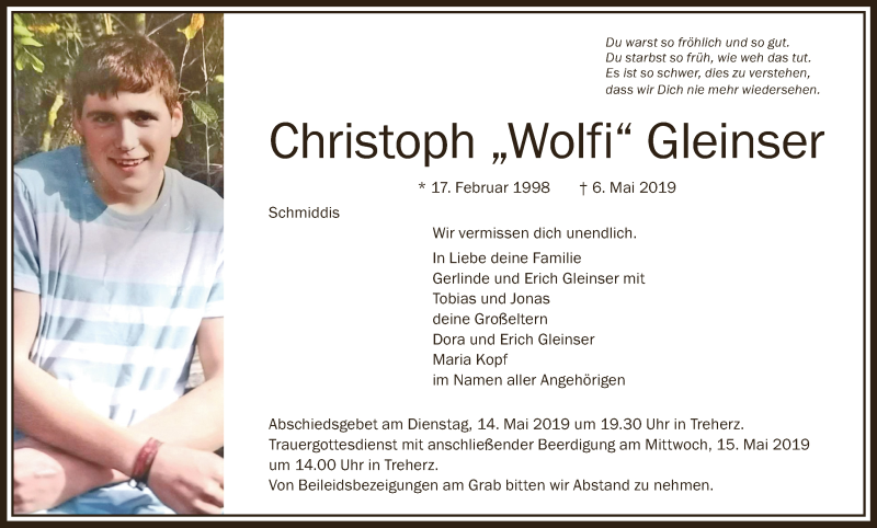  Traueranzeige für Christoph Gleinser vom 11.05.2019 aus Schwäbische Zeitung