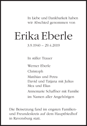 Anzeige von Erika Eberle von Schwäbische Zeitung