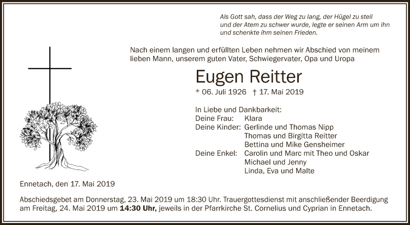  Traueranzeige für Eugen Reitter vom 22.05.2019 aus Schwäbische Zeitung