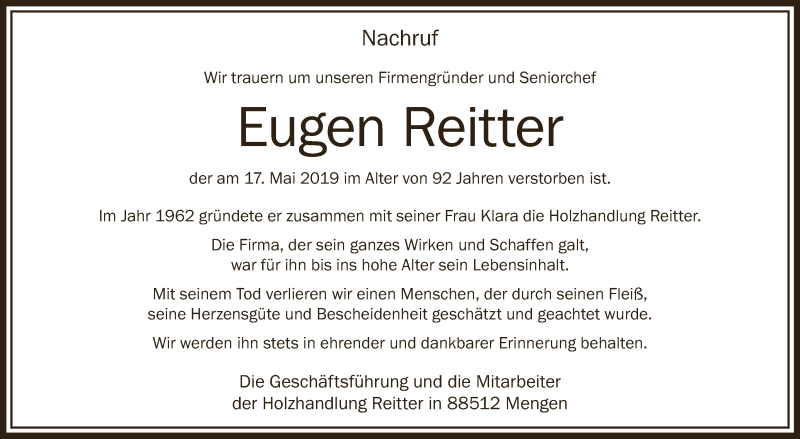  Traueranzeige für Eugen Reitter vom 22.05.2019 aus Schwäbische Zeitung