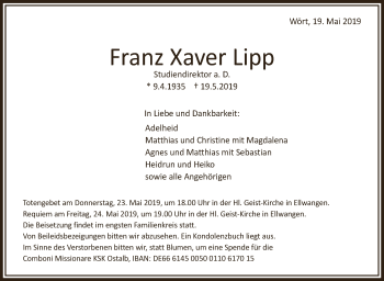 Anzeige von Franz Xaver Lipp von Schwäbische Zeitung