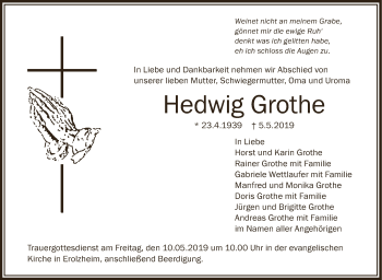 Anzeige von Hedwig Grothe von Schwäbische Zeitung