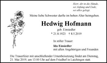 Anzeige von Hedwig Hofmann von Schwäbische Zeitung
