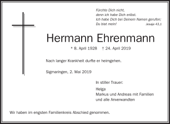 Anzeige von Hermann Ehrenmann von Schwäbische Zeitung