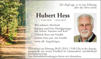 Anzeige von Hubert Hess von Schwäbische Zeitung