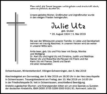 Anzeige von Julie Utz von Schwäbische Zeitung