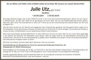 Anzeige von Julie Utz von Schwäbische Zeitung