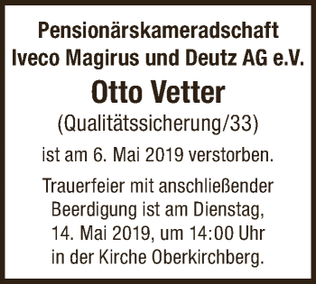 Anzeige von Otto Vetter von Schwäbische Zeitung