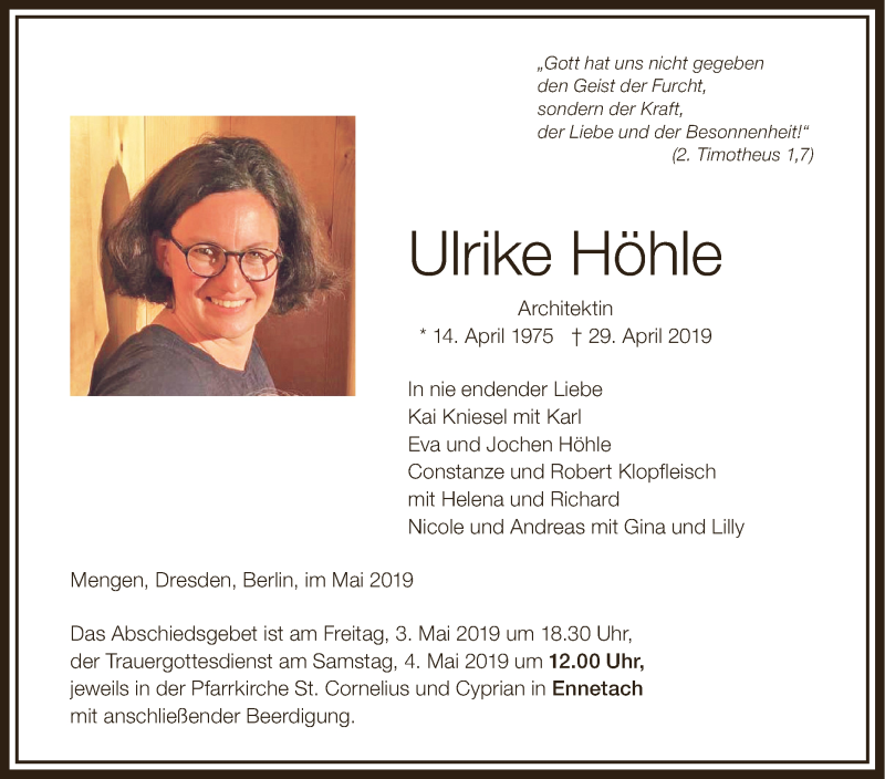  Traueranzeige für Ulrike Höhle vom 02.05.2019 aus Schwäbische Zeitung