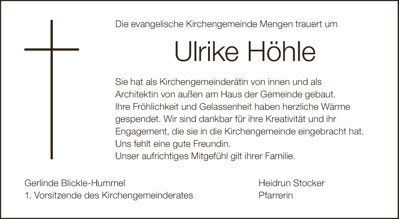  Traueranzeige für Ulrike Höhle vom 03.05.2019 aus Schwäbische Zeitung