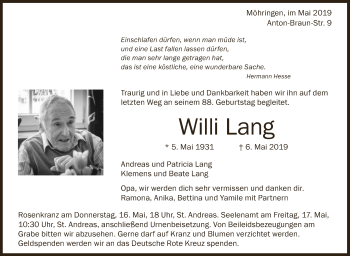 Anzeige von Willi Lang von Schwäbische Zeitung