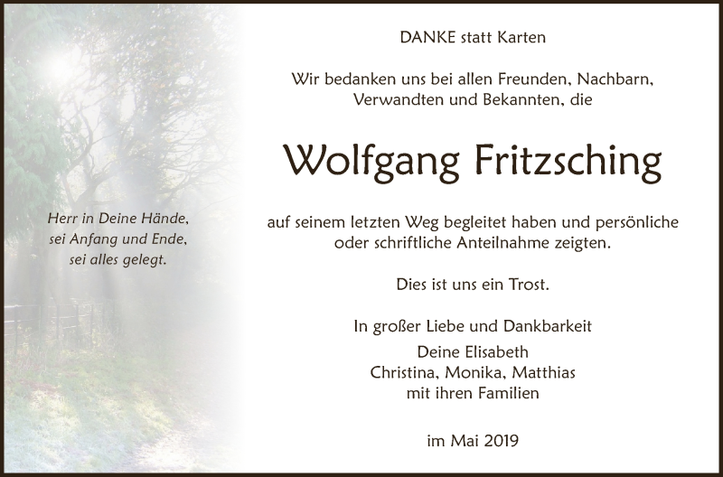  Traueranzeige für Wolfgang Fritzsching vom 07.05.2019 aus Schwäbische Zeitung
