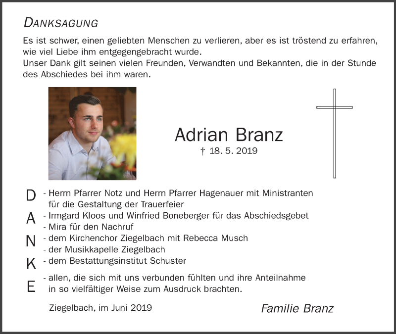  Traueranzeige für Adrian Branz vom 08.06.2019 aus Schwäbische Zeitung