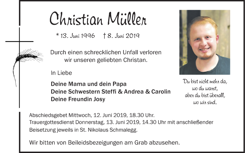  Traueranzeige für Christian Müller vom 12.06.2019 aus Schwäbische Zeitung