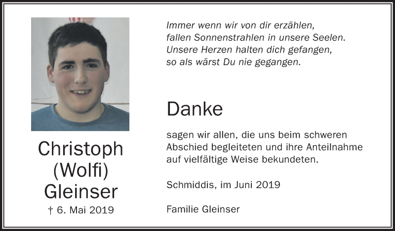  Traueranzeige für Christoph Gleinser vom 29.06.2019 aus Schwäbische Zeitung