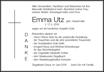 Anzeige von Emma Utz von Schwäbische Zeitung