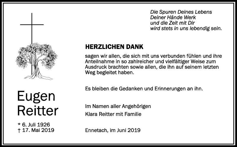 Traueranzeige für Eugen Reitter vom 08.06.2019 aus Schwäbische Zeitung